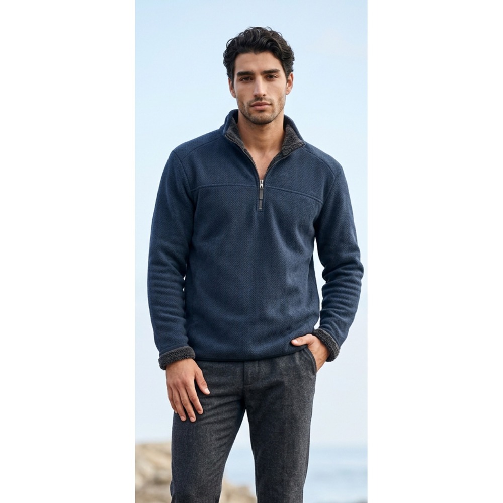 London Fog Mens 2XL Navy‎ Herringbone Sherpa Lined Quarter Zip Pullover Sweater